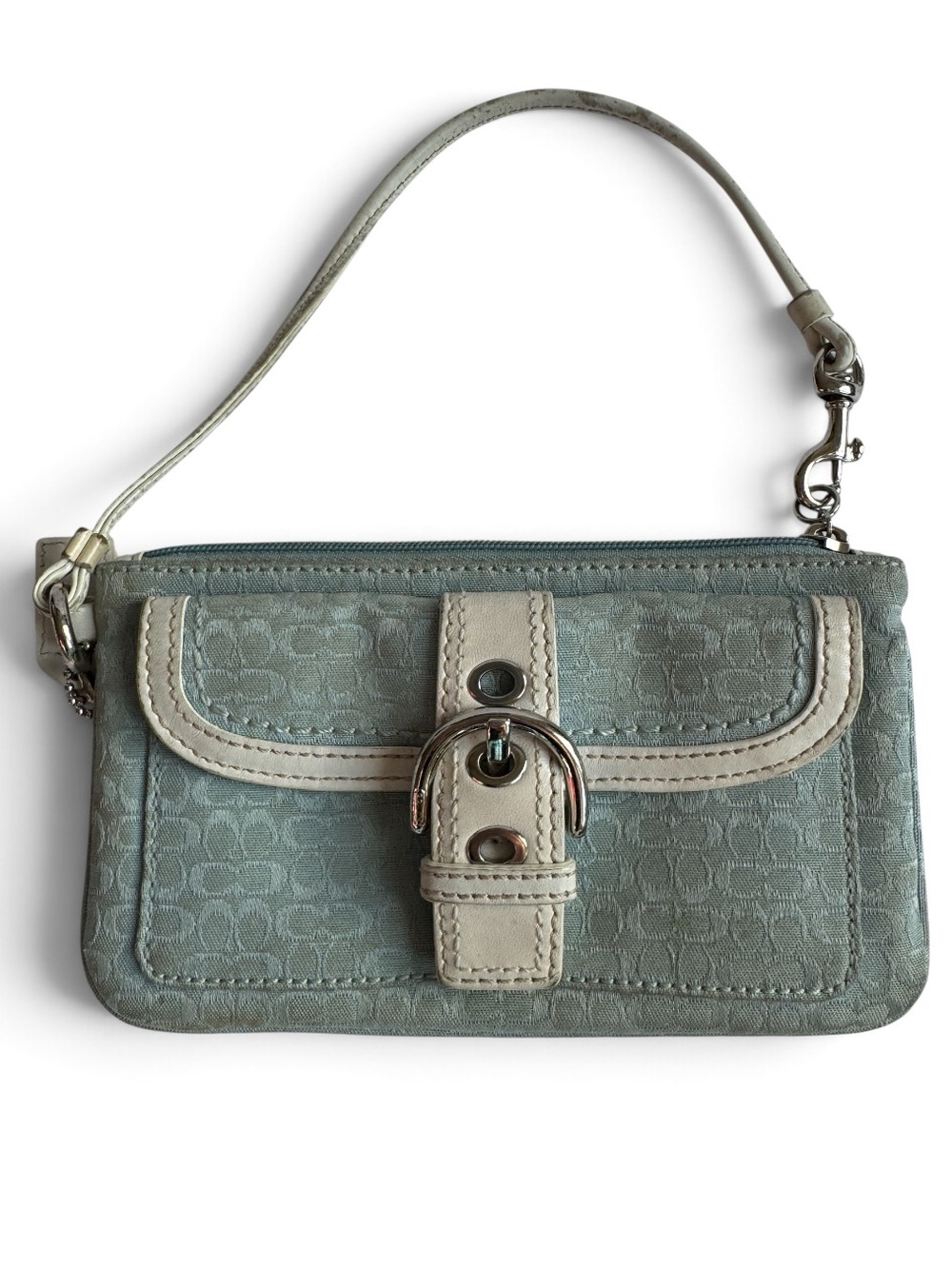 Vintage Y2K Coach Soho Signature Buckle Wristlet Pouch Blue Jacquard Mini Pochet